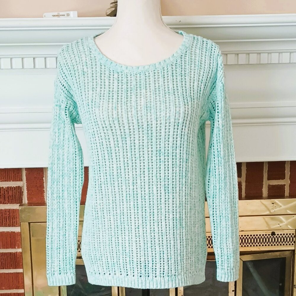 Talbots Open Knit Pullover Sweater Green Ribbed Long Sleeve Crew Neck Side Slits